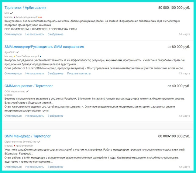 Сколько зарабатывает таргетолог - примеры на HH.ru